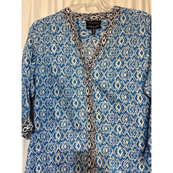 Foxcroft Womens Wrinkle-Free Shaped Fit Blue & White Geometric Pattern 3/4 Sleev - Picture 2 of 6